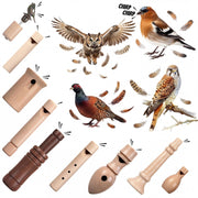 Shappy front view of nine-piece bird call set showing variety and portability