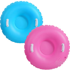 Shappy snow tubes front pair blue and pink showing size and bright colors for quick identification