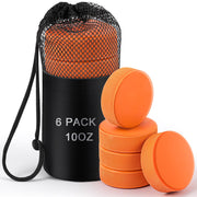 ShinyRelief front pack shot showing six orange weighted pucks, durable and ready