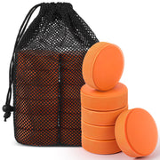 ShinyRelief front view of 12 weighted hockey pucks and bag showing organized set and transport benefit