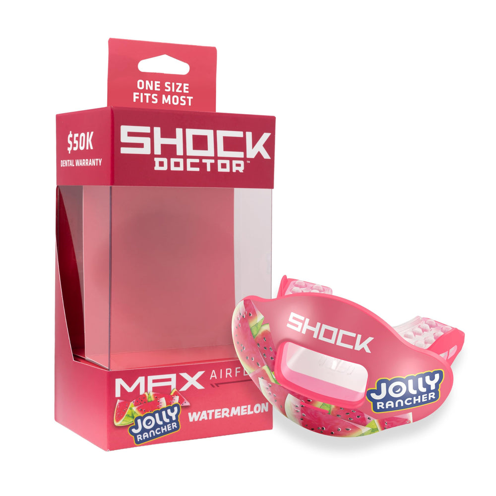 Shock Doctor front packaging showing Jolly Rancher Watermelon flavor and instant-fit benefit