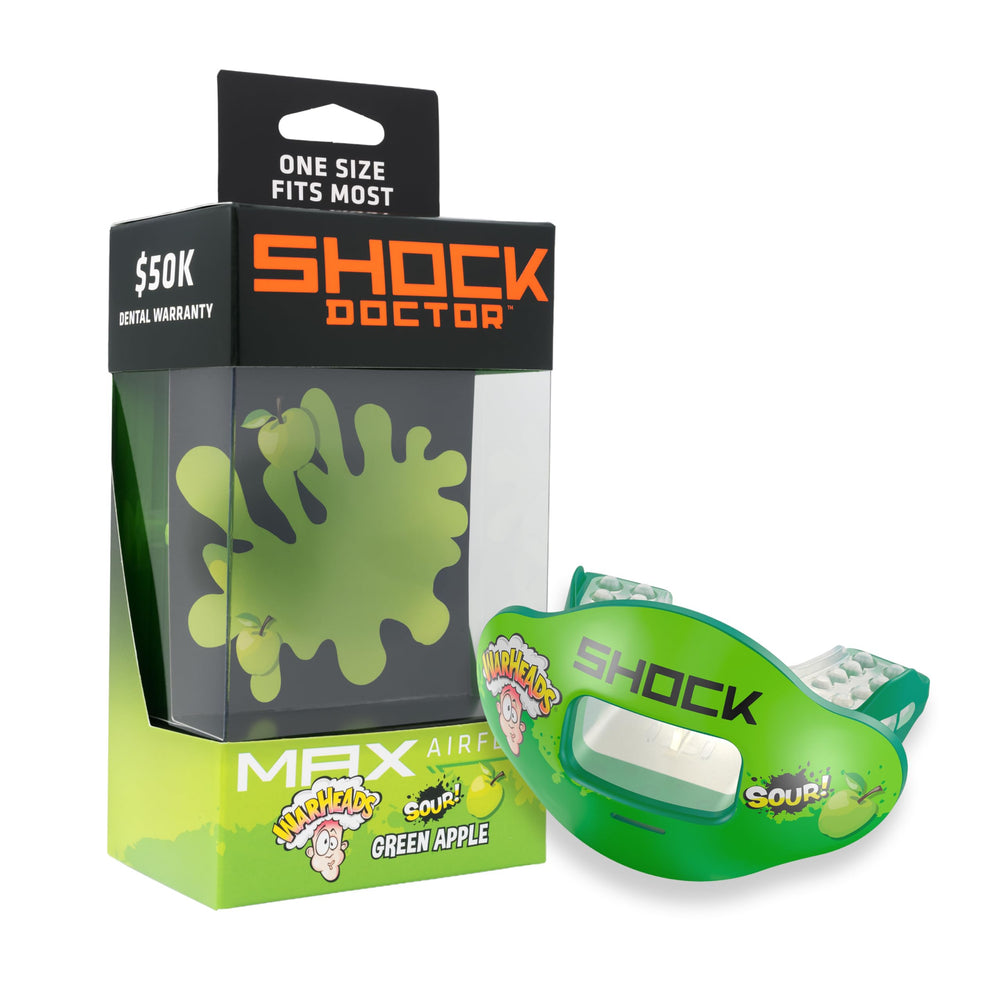 Shock Doctor front view showing full-mouth protection and bright color for visibility