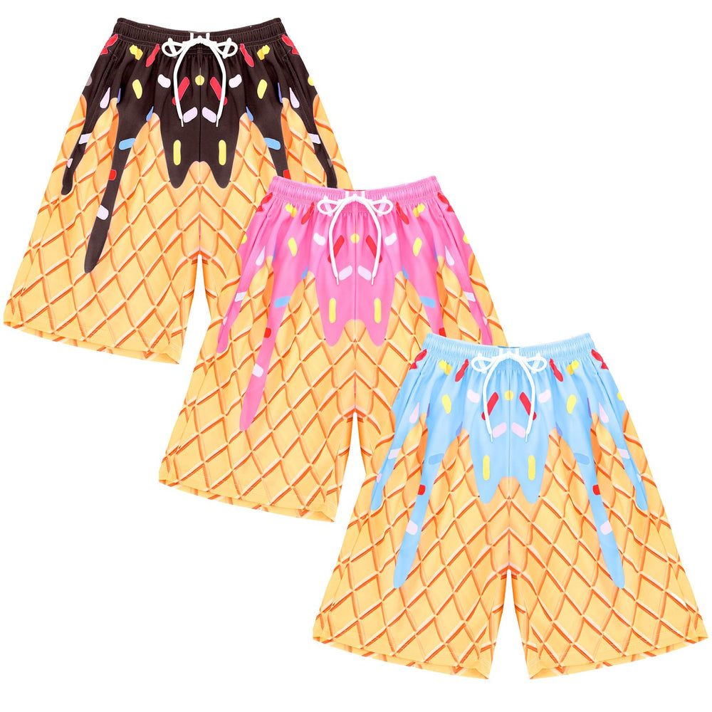 Shyyween front view of three ice cream shorts set showing colorful prints and sporty cut