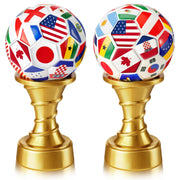 Simgoing front view of two soccer trophies showing colorful flags and compact design benefit
