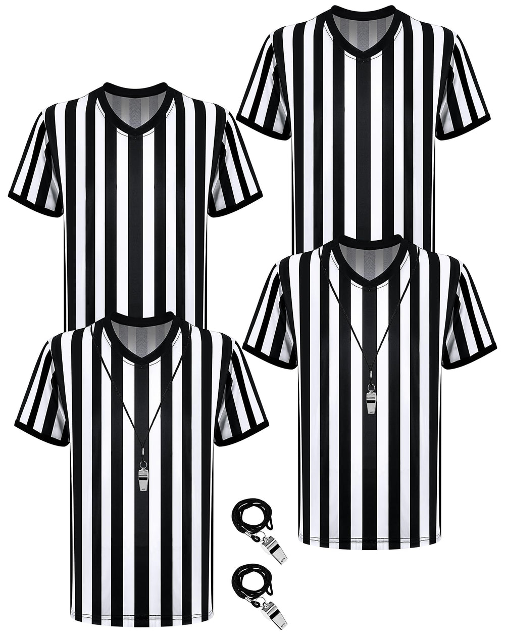 Sintege front view four silver referee shirts with whistles for quick outfitting benefit