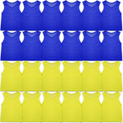Sintege front view of yellow and blue pinnies showing team contrast and quick identification