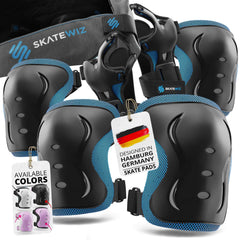 SKATEWIZ front view of full blue pad set showing compact protection