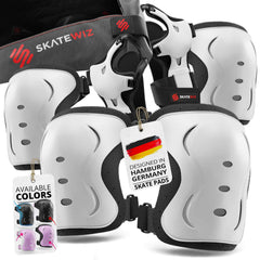 SKATEWIZ front view of white size S pad set showing full kit and clean design benefits