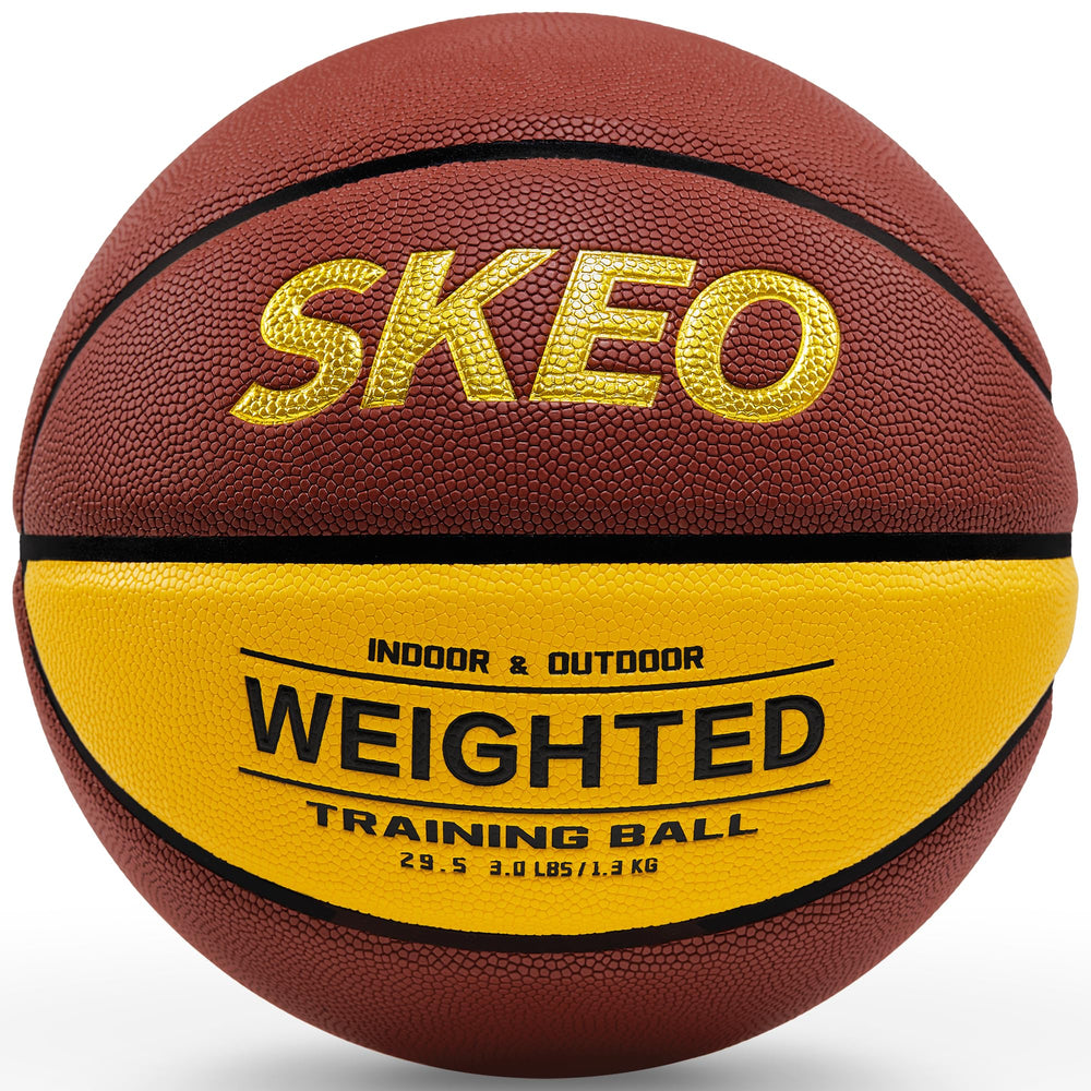 SKEO front view of weighted basketball showing regulation size and bold color