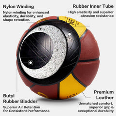 SKEO basketball next to ruler showing 29.5 inch scale for size accuracy