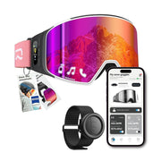 SKIWARRIOR front view showing Zeiss pink goggles and secure fit benefit