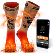SNOW DEER front packaging showing heated socks and battery, clear product presentation and benefits