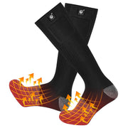 SNOW DEER front view of black and gray heated socks showing fit and style benefit: consistent warmth