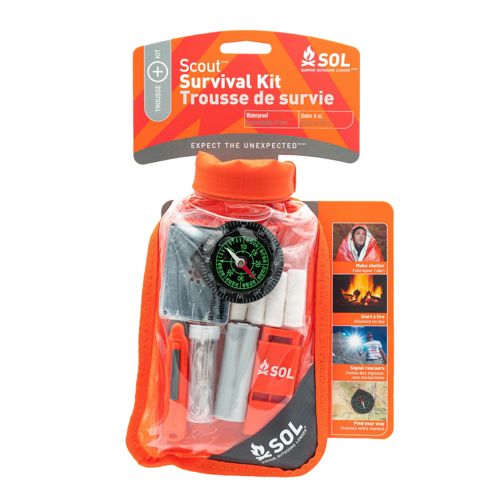 S.O.L. Scout front packaging showing compact waterproof pouch and branding, convenient carry