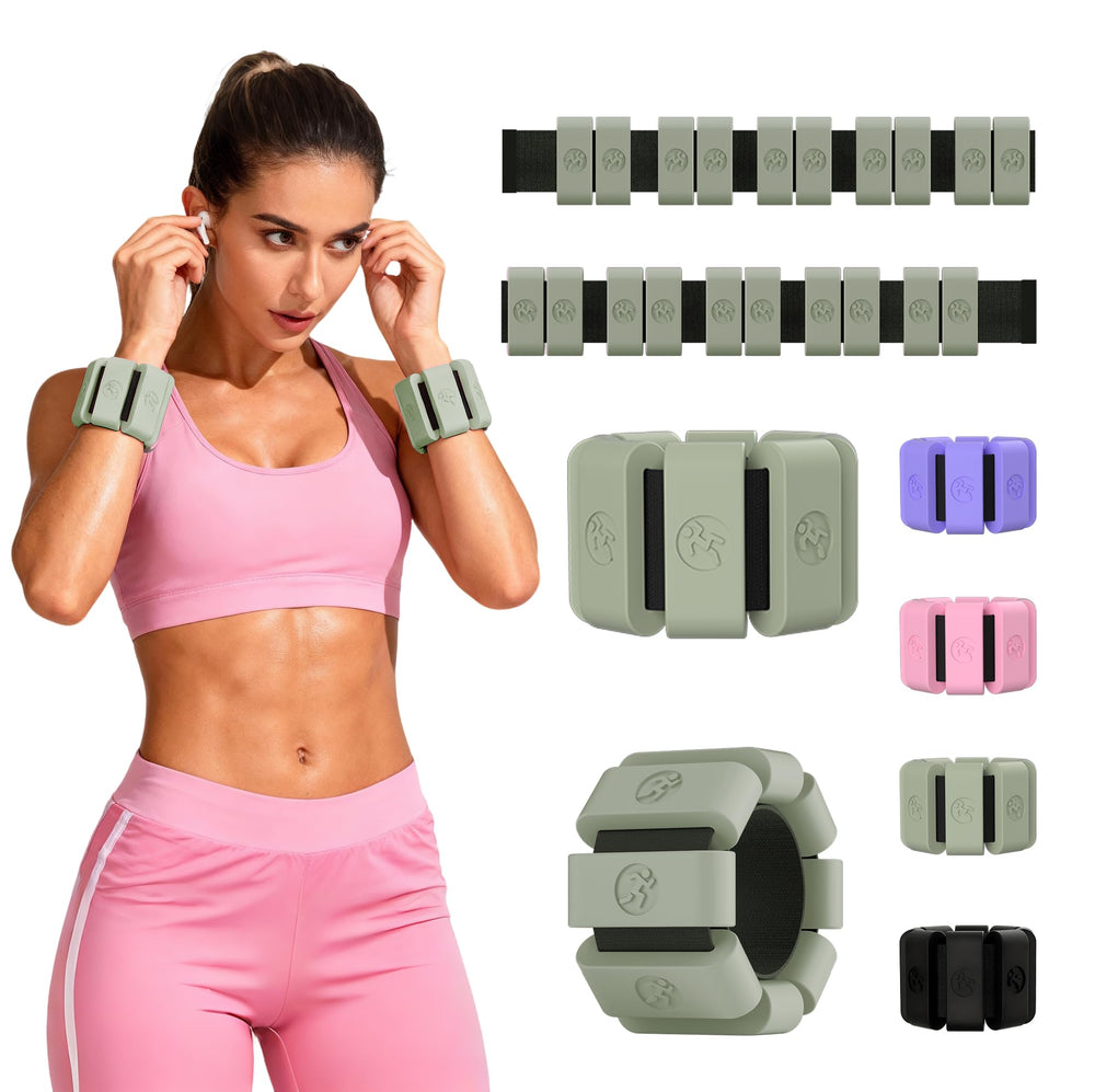 Sonkoloro front view of matcha wrist and ankle weights showing design and fit benefits
