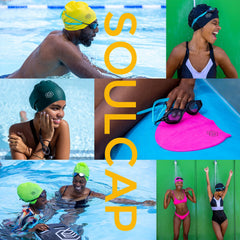SOUL CAP navy on swimmer with dreadlocks showing containment and protection