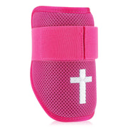 Soulchen pink elbow guard front view showing cross pattern and coverage benefit