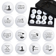 Soulchen front packaging showing twelve funny golf balls and black gift box benefit: ready-to-give presentation