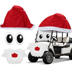 Soulchen front view of golf cart dressed as Santa, festive curb appeal