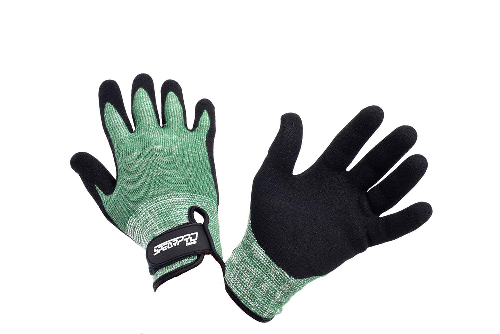SpearPro Dyneema glove front view showing green nitrile palm and secure fit benefit