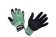 SpearPro Dyneema glove front view showing green nitrile palm and secure fit benefit