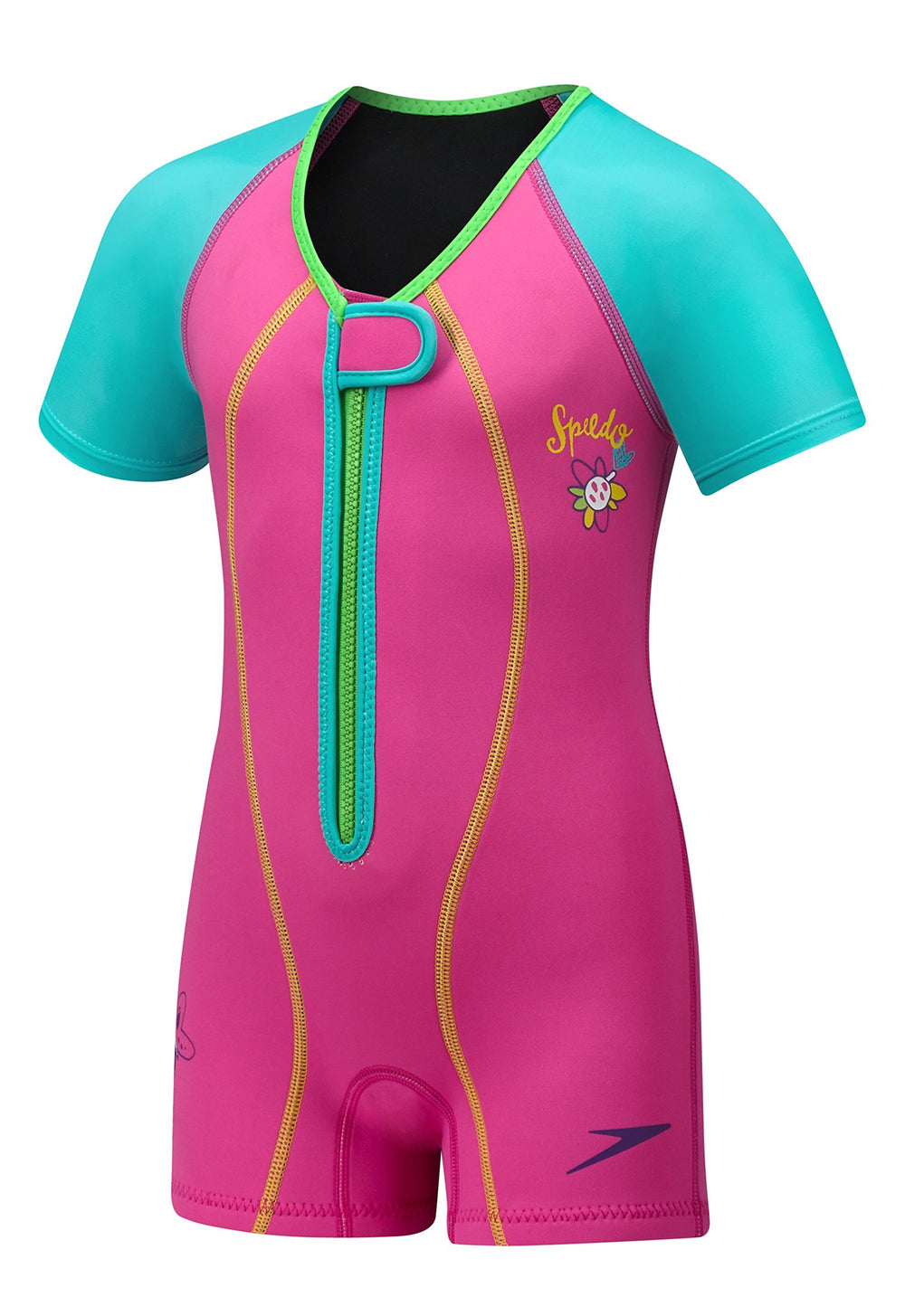 Speedo front view of printed knee-length boardshort showing secure zip closure and style benefit