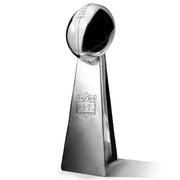 Spire Designs trophy front view showing chrome finish and championship presence