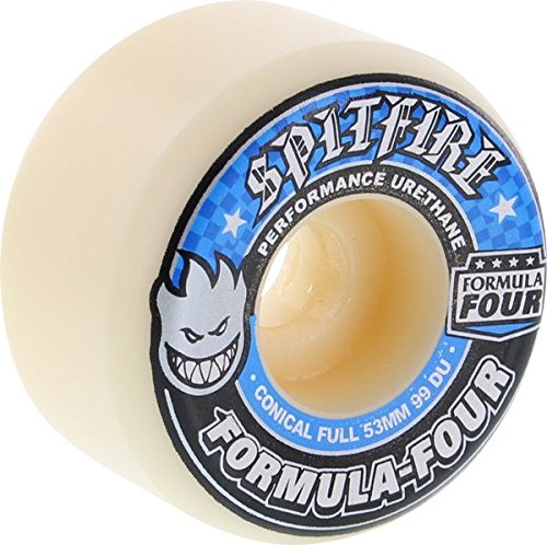 Spitfire 53mm white-blue wheel front view showing profile and durable urethane