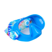 Splash Place front view of tie-dye kids swim mask showing colorful strap and white frame for fun