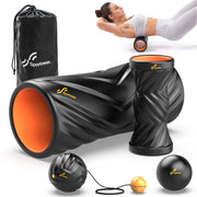 Sportneer foam roller set front layout showing all components and travel bag for easy storage
