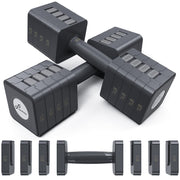 Sportneer front packaging showing compact 5-in-1 dumbbell set and benefits