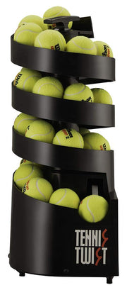 Sports Tutor Tennis Twist front view showing 28-ball hopper and portability benefit