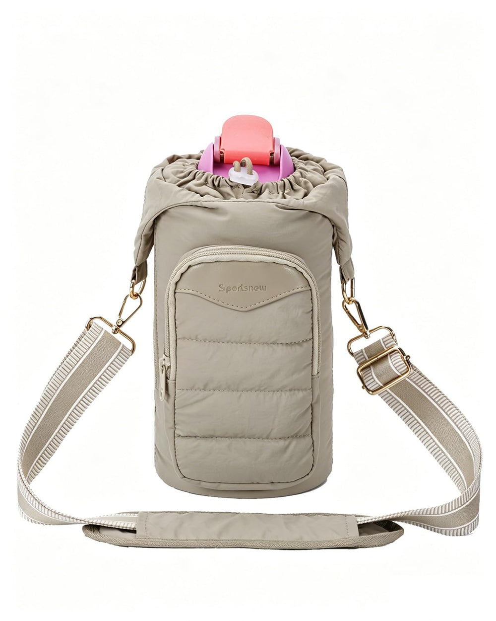 sportsnew front view of yellowish-green insulated bottle holder showing organized pockets and quick access