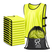 SportsRepublik front view of twelve pinnies neatly stacked, clear team colors