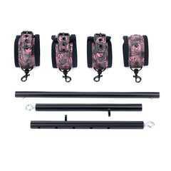 Spreader Bar strap detail with black-pink skull PU pattern and padding, Spreader Bar improves comfort