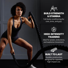 SPRI battle rope beside a measuring tape showing 18 ft length for full range training