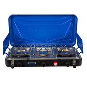 Stansport three-burner stove front view showing burners and grate for large meals