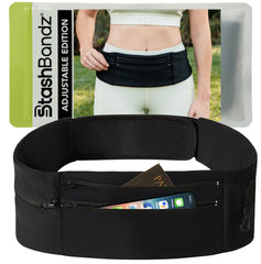 StashBandz front view showing three zippered pockets and bottle holder for secure storage