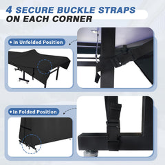 STEECA corner strap anchored to table leg preventing wind lift and loss