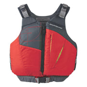 Stohlquist red lifejacket front view showing secure buckle and bright color benefit visibility