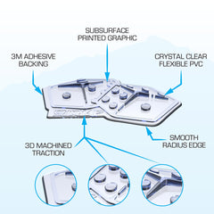 Stompgrip dice clear in use on snowboard demonstrating improved boot placement control