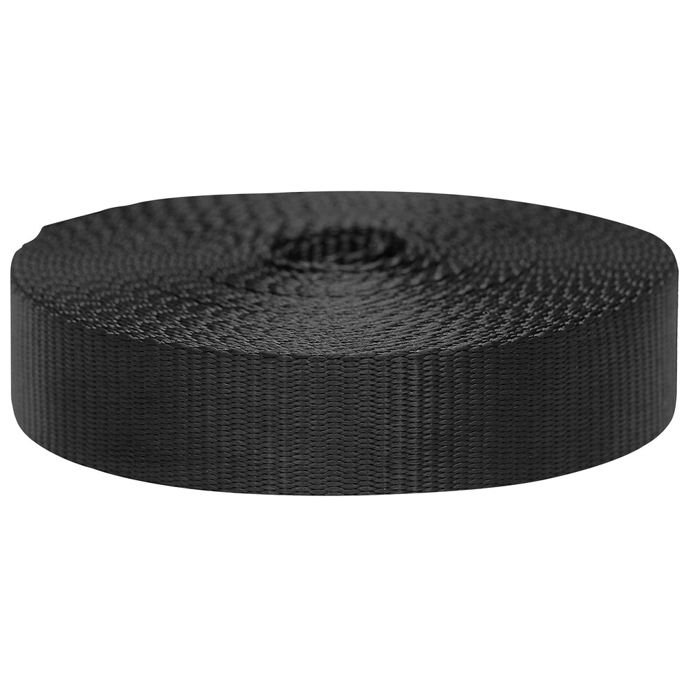 Strapworks front view of 1.5 inch black nylon webbing roll showing clean packaging and length