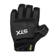STX Stallion glove front view showing black-yellow design and secure fit benefit