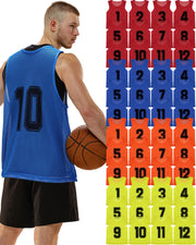 Suhine front view of 48-piece pinnies set showing colorful numbered vests for quick team ID
