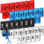 Suhine front view of colorful pinnies showing clear numbers and team distinction