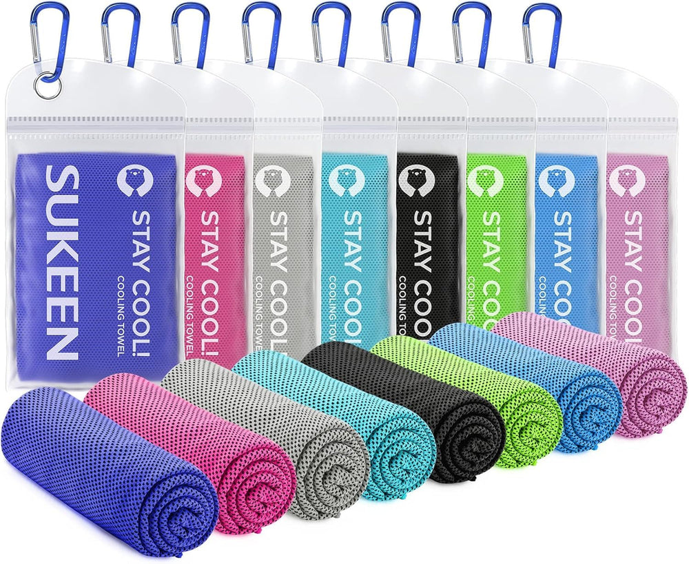 Sukeen front packaging showing eight cooling towels and included accessories