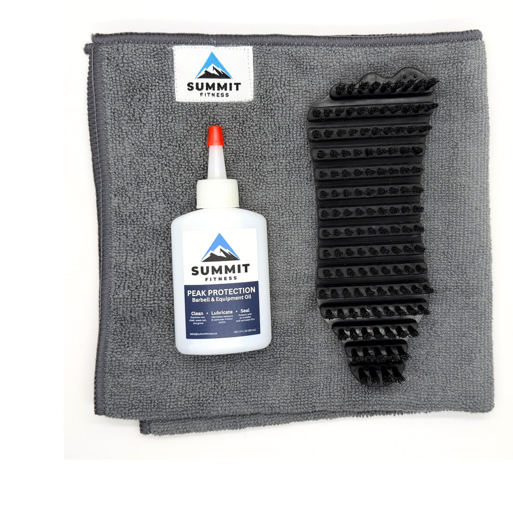SUMMIT FITNESS front view of the full barbell care kit showing included items and benefits