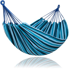 SUNCREAT front view blue-striped hammock showing roomy two-person bed and color