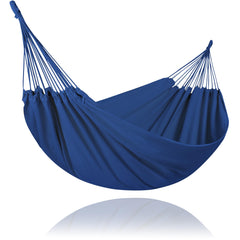 SUNCREAT navy hammock front view showing roomy bed and comfortable cocoon design