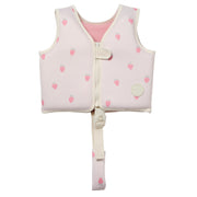 sunnylife swim vest front view showing strawberry design and fit benefit visibility
